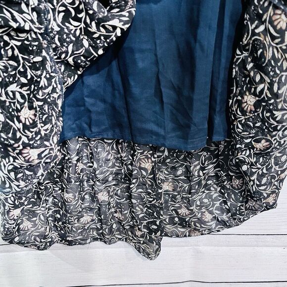 Velvet by Graham & Spencer Black Floral Print Midi Dress Tie Waist Ruffled Small - Picture 9 of 14